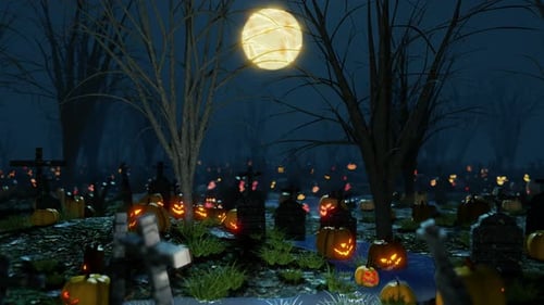 Cemetery with several Jack-o-Lanterns.