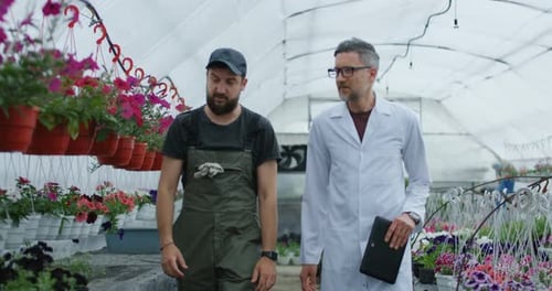Two Men Discuss Flowers Inside Greenhouse