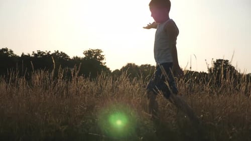 Garotinho com as mãos levantadas como avião correndo na grama verde no campo