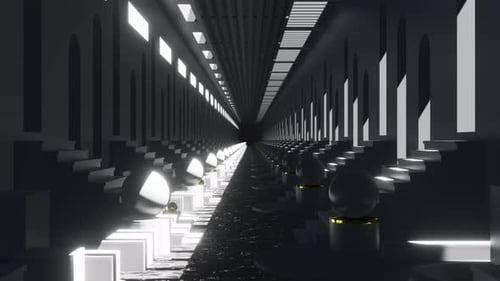 Abstract Geometric Hallway with Glowing Lights and Reflecting Spheres