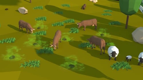 Low Poly Farm Animals Grazing in Green Pasture Animation