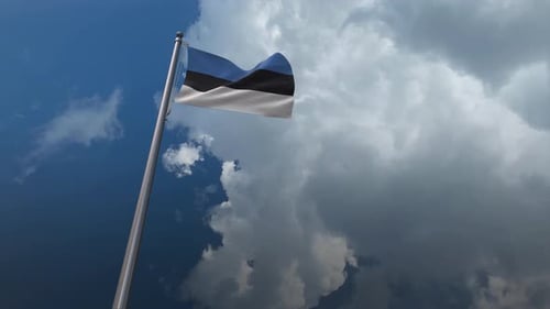 Estonian Flag Waving on Flagpole Against Cloudy Sky