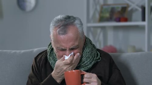 Old Man in Scarf Drinking Hot Tea and Sneezing at Home, Flu Disease, Virus