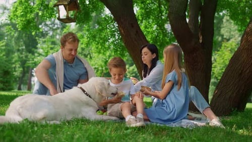 Family Picnic with Dog in Green Summer Park