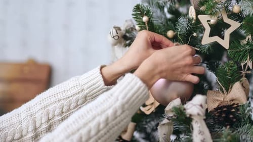 Close Up Female Hands Hanging Golden Ball Toy on Branch of Christmas Tree