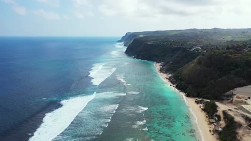 Aerial flying over landscape of idyllic bay beach journey by turquoise lagoon with white sand backgr
