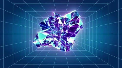 Abstract Crystal Rotating in Futuristic Grid Tunnel