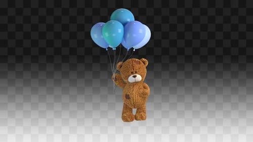 Animated Cute Teddy Bear Holding Blue Balloons