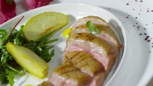 Delicious Sliced Meat with Salad and Fruit