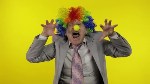 Clown in Suit with Colorful Wig Growling