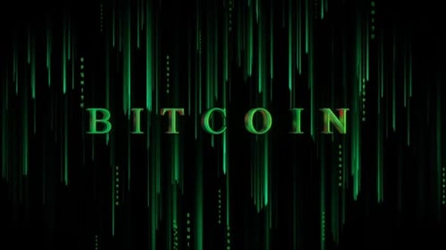 Bitcoin Text Reveal with Falling Digital Code Background