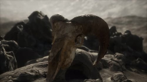 European Mouflon Ram Skull in Natural Conditions in Rocky Mountains