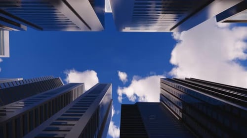 Render 3D de una ciudad brillante abstracta con rascacielos. Formas simples de edificios