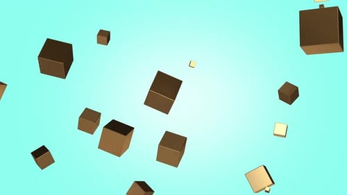 Cube 3D brun métallique volant et lévite dans l'espace sur fond bleu