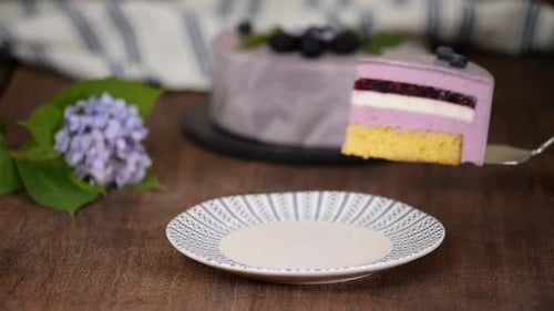 Slice of Layered Blueberry Cake on a Plate