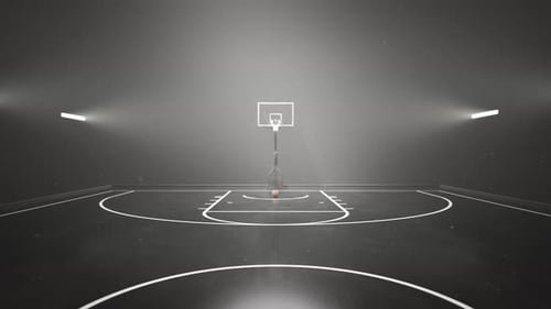 A walk through the basketball court. Lights, dust and smoke. Nightly scene. 4KHD