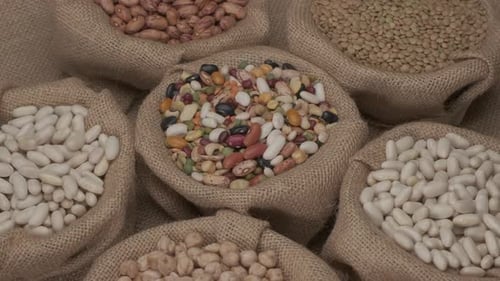 Various Types of Beans in Burlap Bags