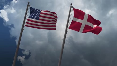 United States and Denmark Flags Waving in Realistic Animation