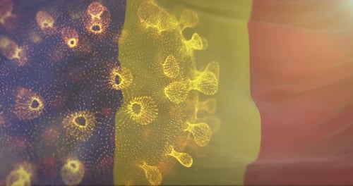 Bandera de Rumania con la bacteria del virus Corona 4K