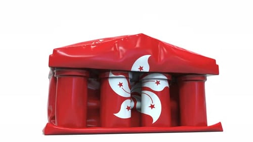 Deflating Inflatable Bank Building with Flag of Hong Kong