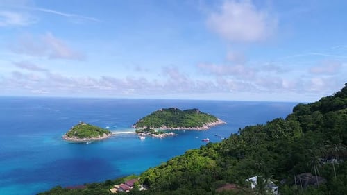 Aerial view of the popular islands Nang Yuan from the mainland of Koh Tao, Thailand