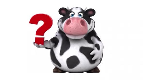 Animated 3D Cow Character with Question Mark and Idea Gesture