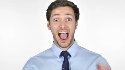 Man Expresses Joyful Success Against White Background