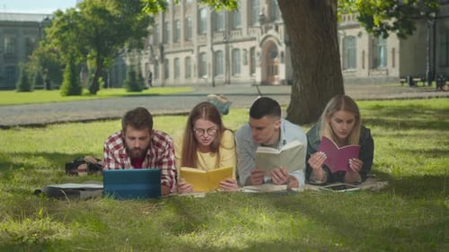 Young College Students Lying in Row on Green Meadow with Books and Laptop and Talking. Portrait of