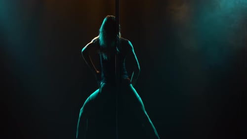 Mulher sexy e magra dançando strip-tease e girando em um poste em uma boate