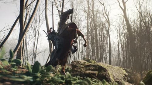 Armored Knight on Horse Reared Up in Fantasy Forest