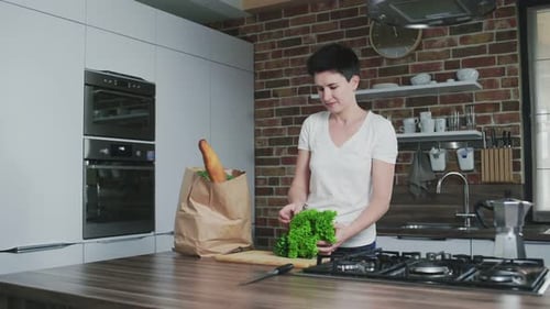 Smiling Woman in the Kitchen with a Bag of Groceries Shopping