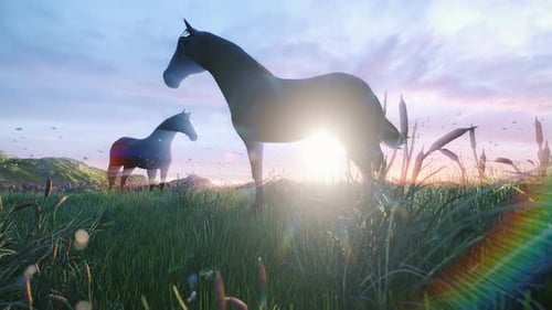 Serene Horses Grazing in a Golden Sunset Field with Lens Flare