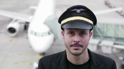 Young Male Pilot Officer Working at Airport Terminal