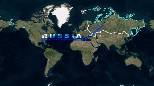 Animated World Map with Russia Country Outline and Text Reveal