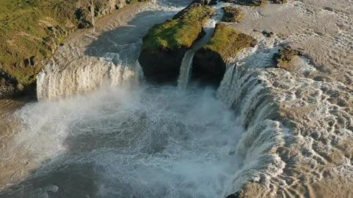 Iceland Landscape Drone View of Godafoss Waterfall