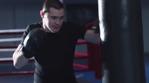 Focused Boxer Punching Heavy Bag in Gym