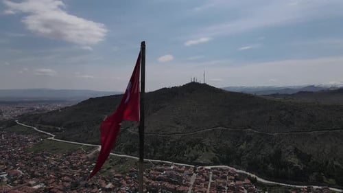 Urban Panorama with Waving Flag, Aerial View