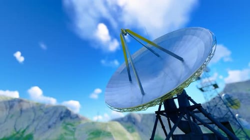 Modern 3D Animated Communication Tower with Rotating Satellite Dishes