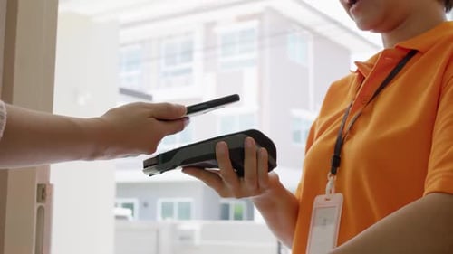 Mobile contactless cashless e-wallet digital payment home delivery.