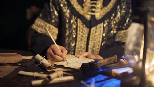 Person Writes with Quill by Candlelight