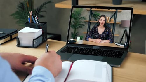 Smart beautiful woman tutor in laptop screen talk speak teaches by remote webcam