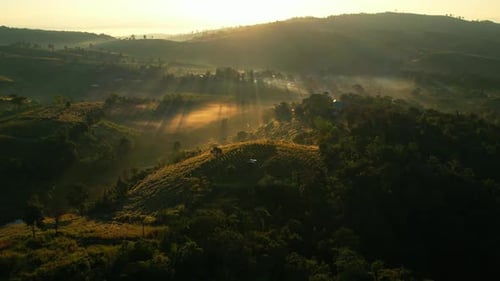 4K Aerial view of Mountains landscape with morning fog.