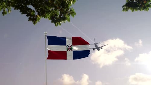 Dominican Republic Flag with Airplane and Rising City Skyline