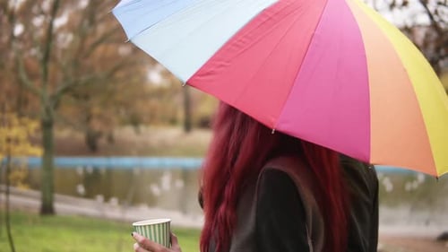 Glückliches Paar geht zusammen im Herbstpark spazieren und hält einen bunten Regenschirm