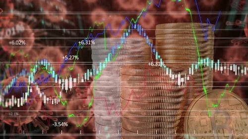 Cells of coronavirus spreading over stock market display in the background.