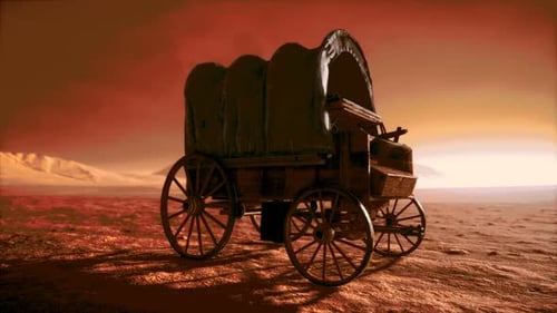 Vagón retro cubierto de lona en el desierto al atardecer