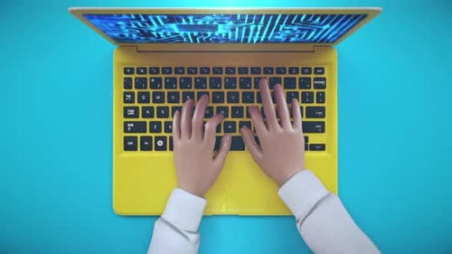 Vista superior de animación de escritura de dibujos animados en portátil