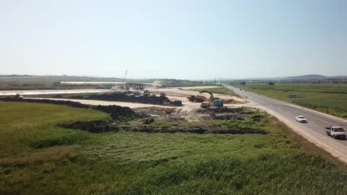 Aerial View of Construction Of Highways . Road Construction Machinery