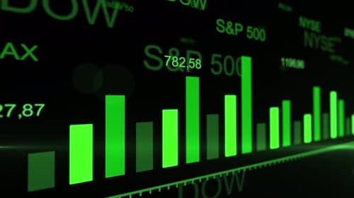 Stock market trading graphs. Futuristic raising green arrow