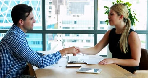 Business Handshake in Modern Office, Collaborative Discussion